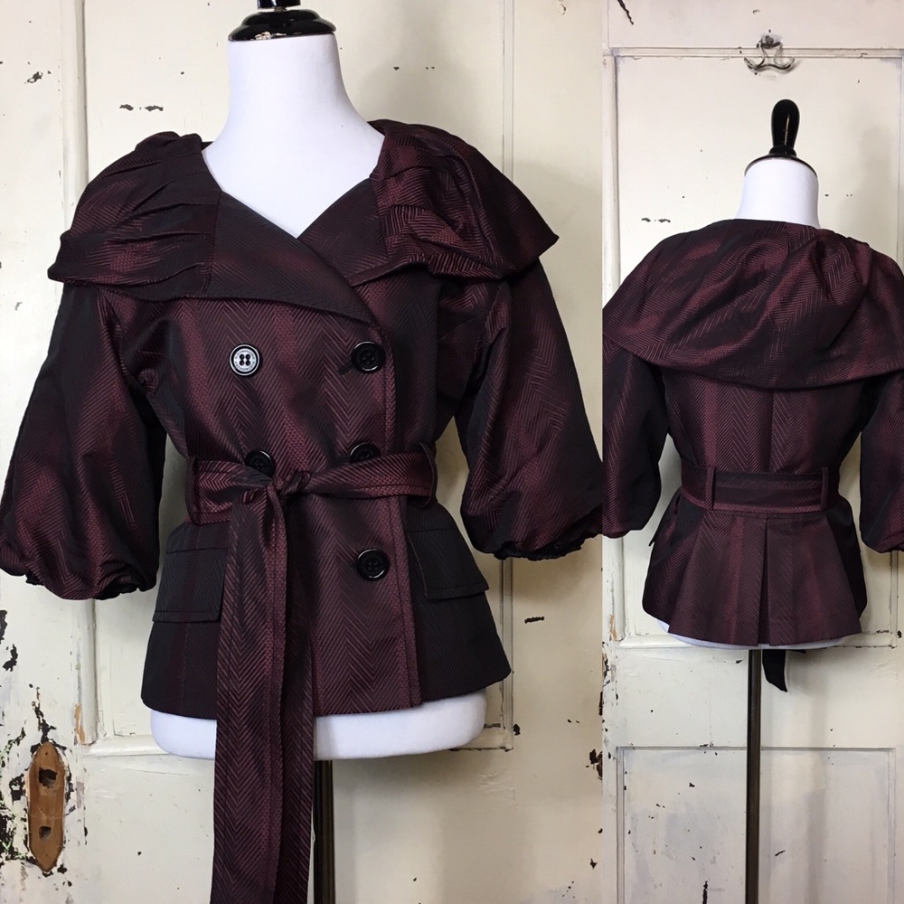 BCBG Burgundy and Black Double-Breasted Belted Peplum Jacket